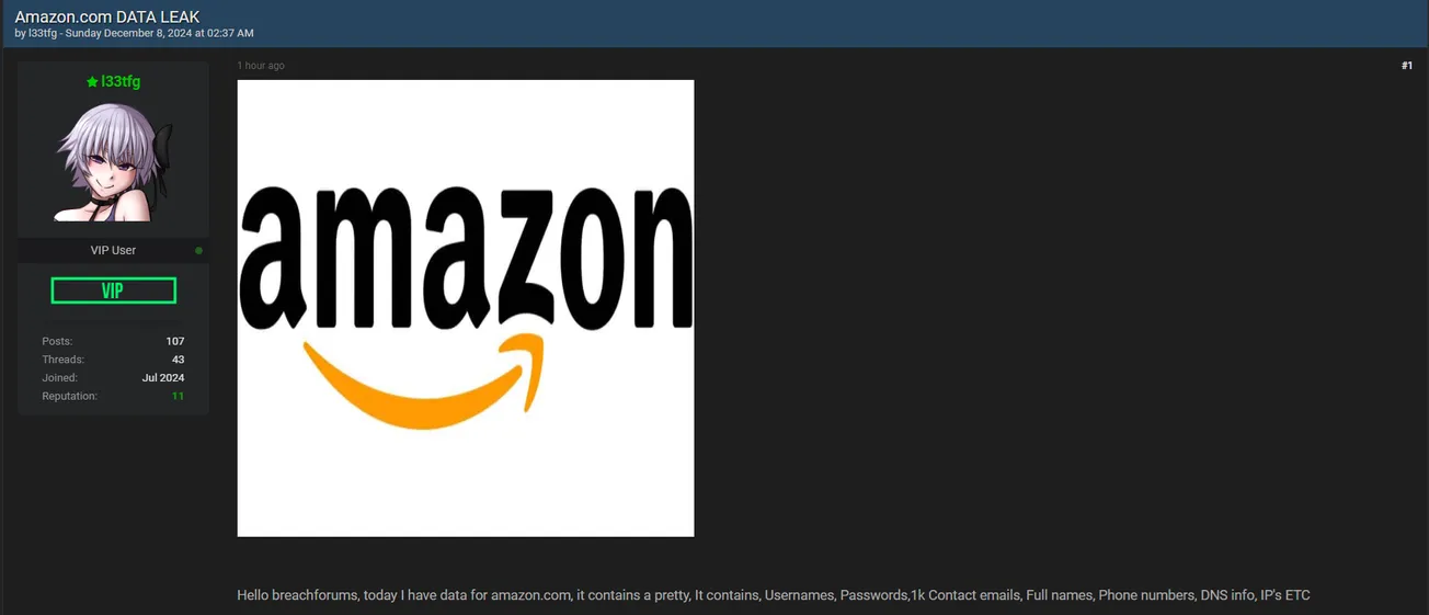 A Threat Actor has Allegedly Leaked Cracked Accounts and Scraped Data of Amazon