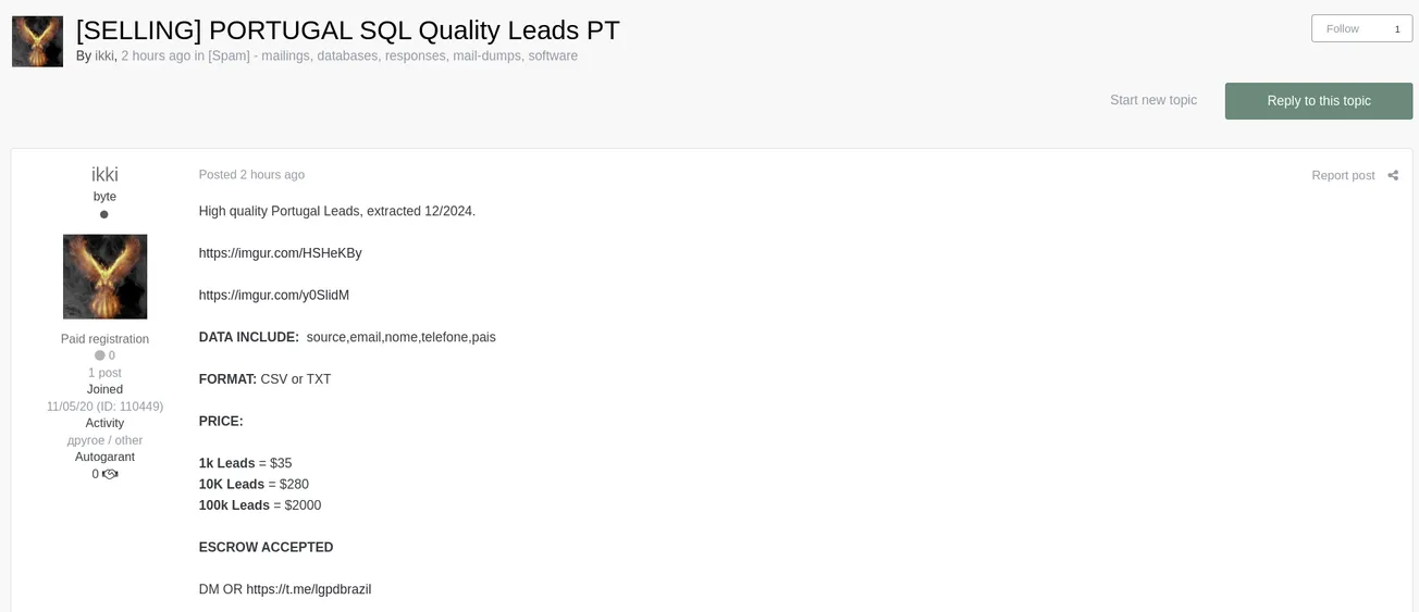 A Threat Actor Claims to be Selling High Quality Leads of Portugal