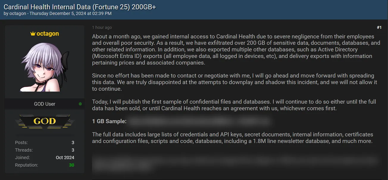 A Threat Actor Claims to be Selling the Data of Cardinal Health