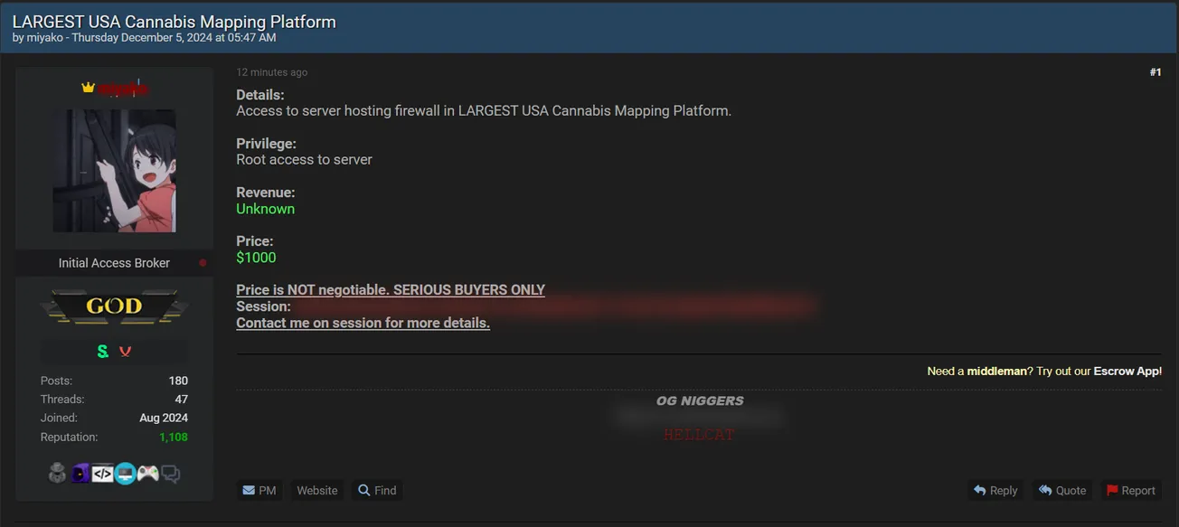 miyako is Allegedly Selling Root Access to a Firewall of a Cannabis Mapping Platform in USA