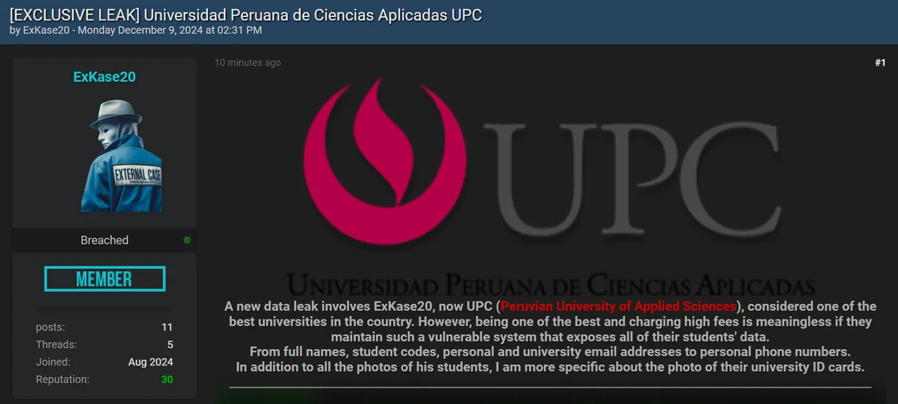 A Threat Actor Claims to have Leaked the Data of Peruvian University of Applied Sciences