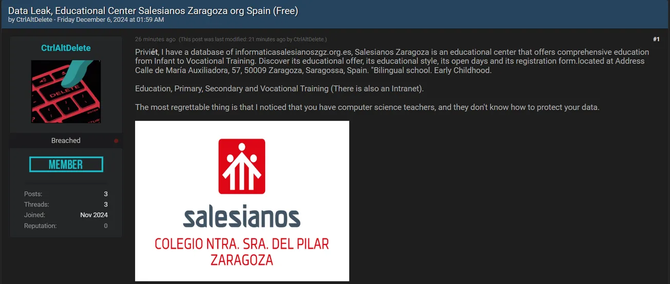 A Threat Actor Claims to Have Leaked the Data of Salesian School of Zaragoza