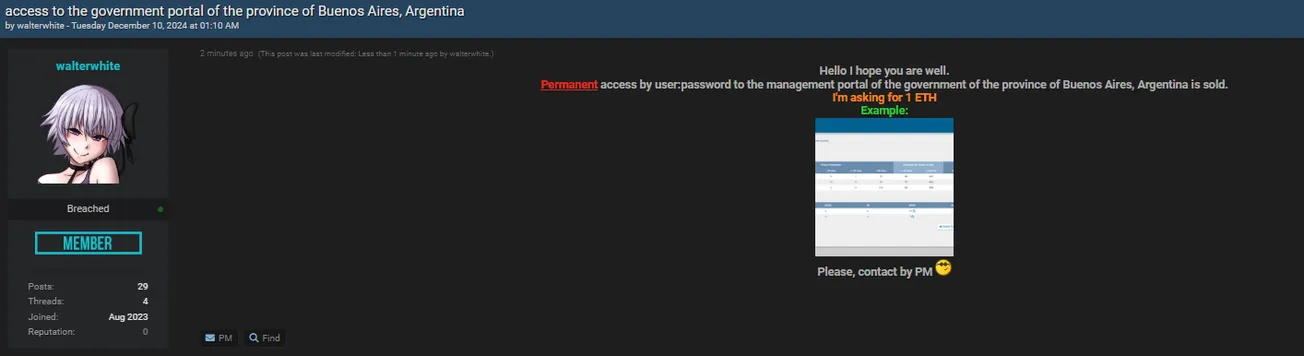 A Threat Actor is Allegedly Selling Unauthorized Access to the Portal of the Government of the Province of Buenos Aires