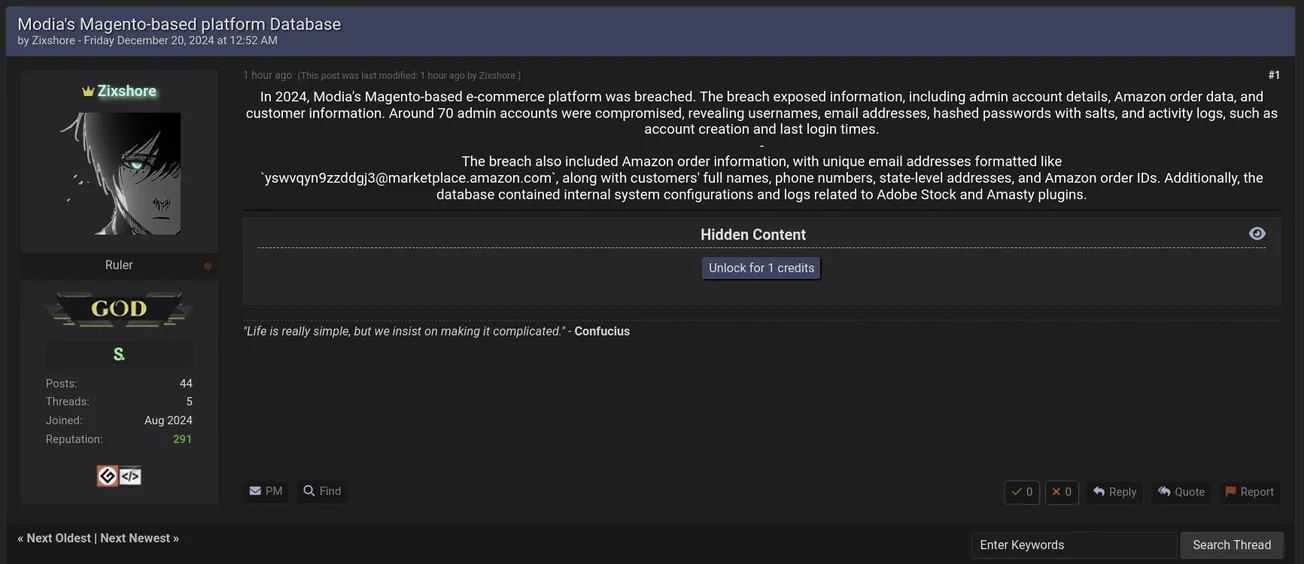 Zixshore Claims to Have Leaked the Data of MODIA