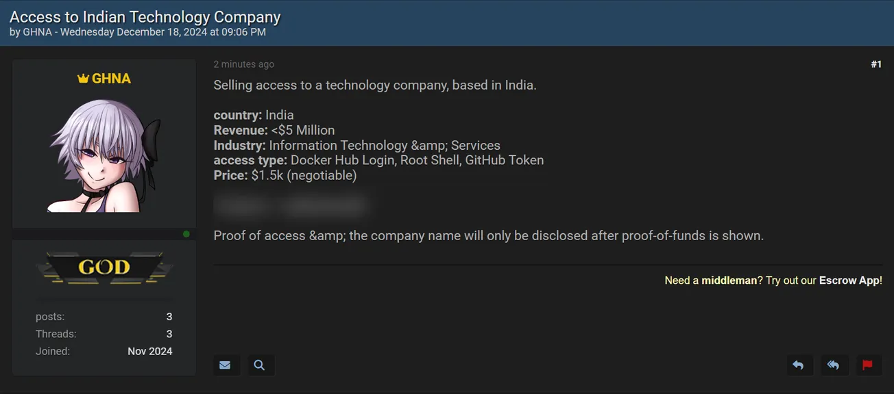 GHNA is Allegedly Selling Access to an Unidentified Indian Technology Company