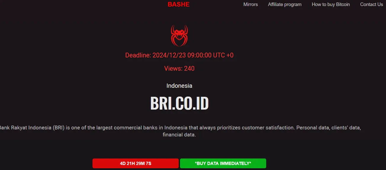 Bank Rakyat Indonesia Has Been Claimed a Victim to BASHE Ransomware