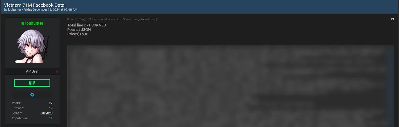 A Threat Actor Claims to be Selling 71,839,980 Records of Vietnam Facebook users