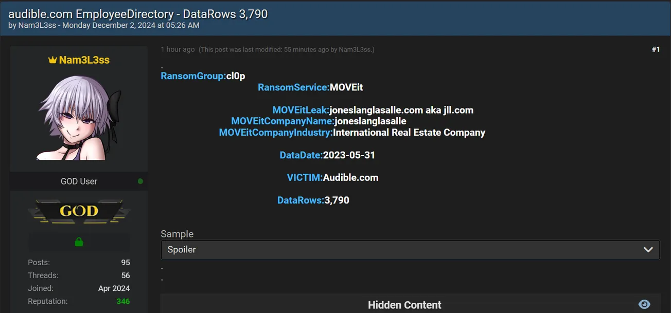 Nam3L3ss Allegedly Leaked Data from Audible