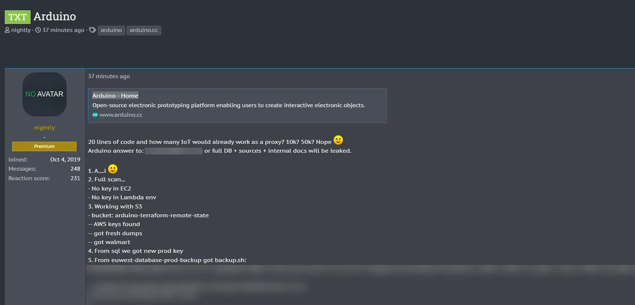 A Threat Actor Claims to have Leaked the Data of Arduino