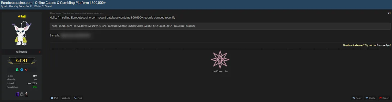 tail is Allegedly Selling the Data of Euro Bets Casino