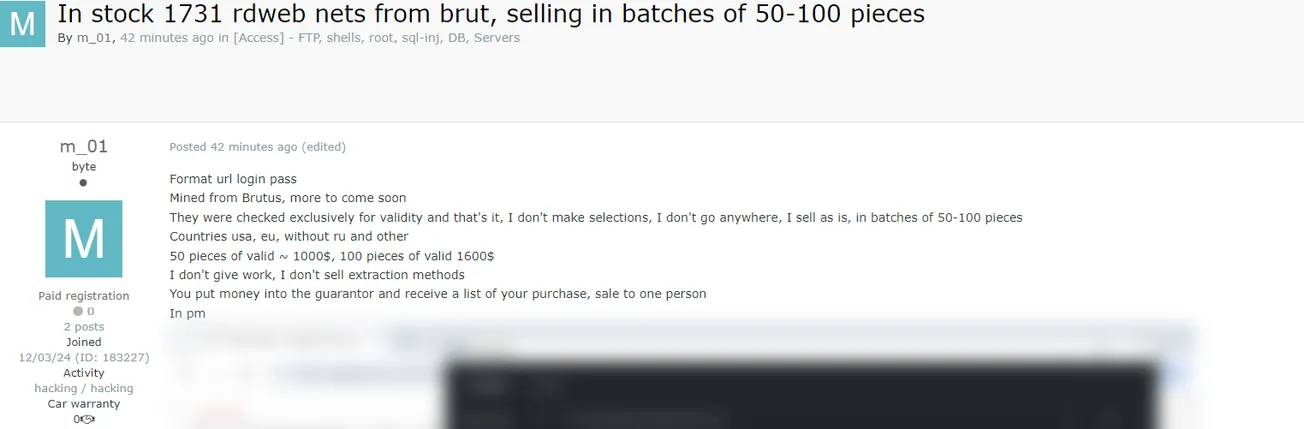A Threat Actor Claims to be Selling 1,731 RDWeb Credentials in USA and EU
