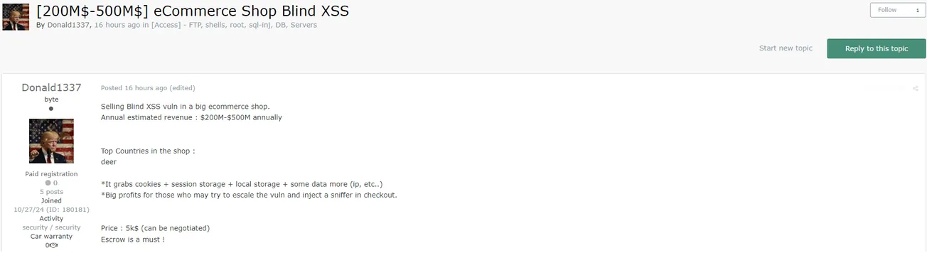 A Threat Actor is Allegedly Selling a Blind XSS Vulnerability to an E-Commerce Website