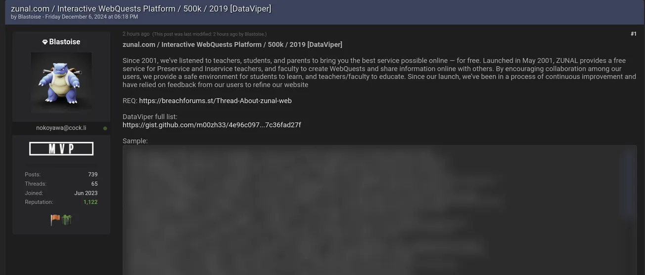 Blastoise Allegedly Leaked the Data of Zunal