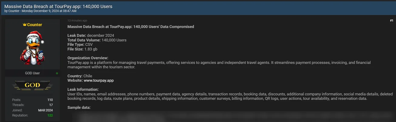 Counter Claims to have Leaked the Data of Tourpay