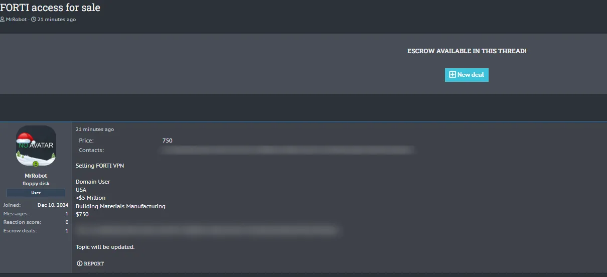A Threat Actor Claims to be Selling Forti VPN Access to an Unidentified Company in USA