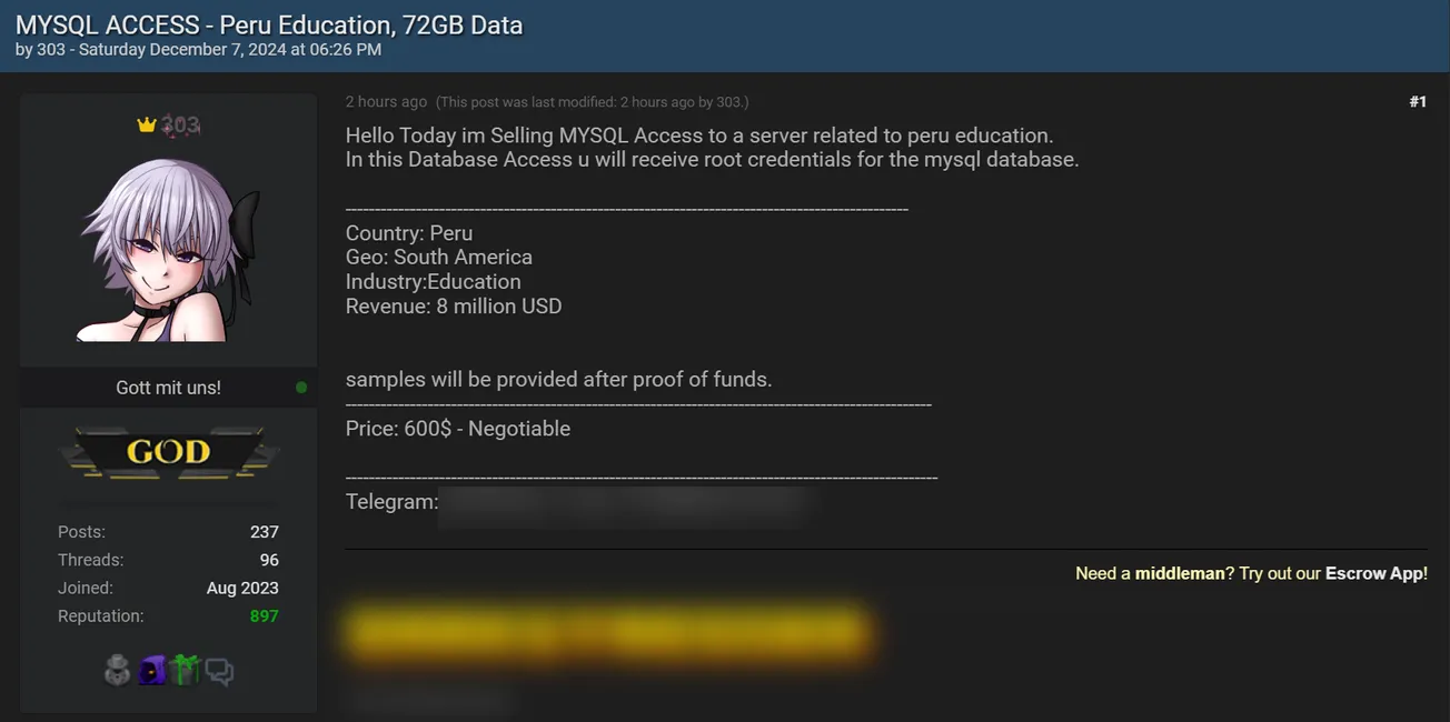 303 is Allegedly Selling Access to an Unidentified Education System in Peru