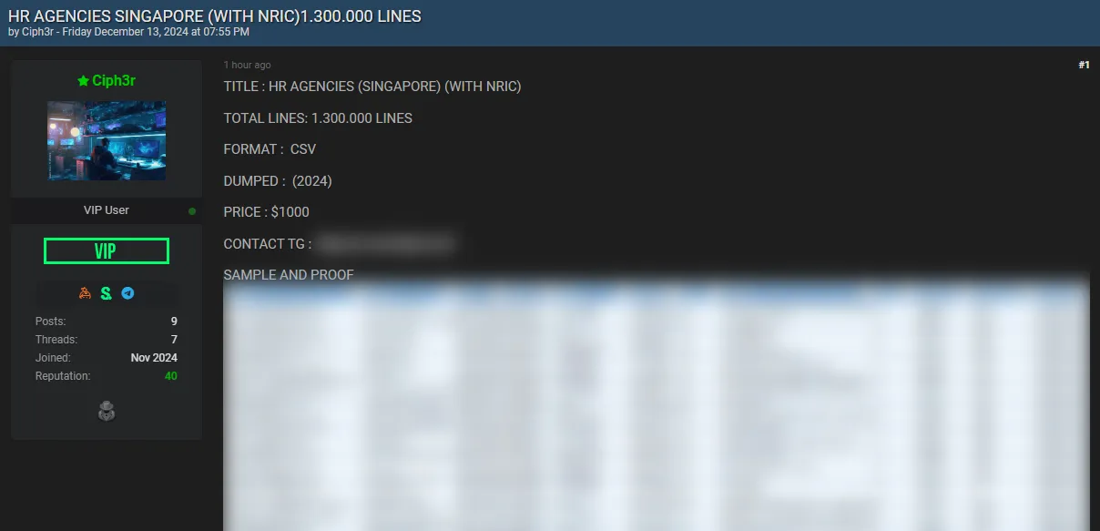 Ciph3r Claims to have Leaked HR AGENCIES SINGAPORE