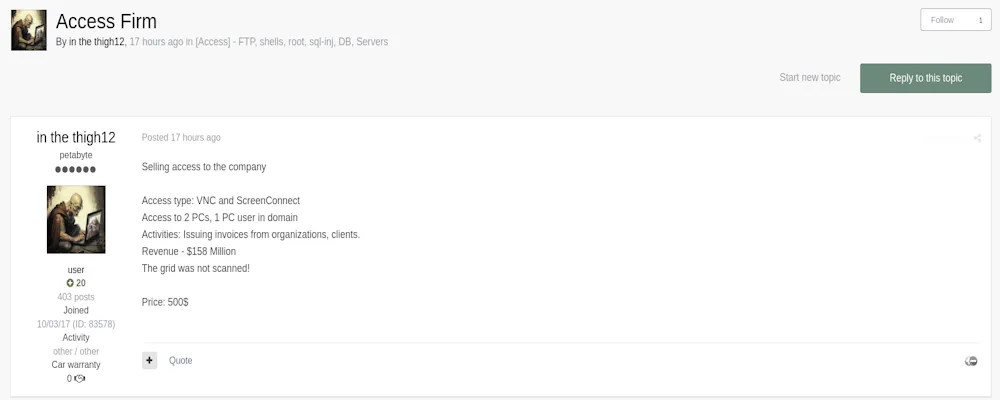 A Threat Actor Claims to be Selling Access to an Unidentified Company