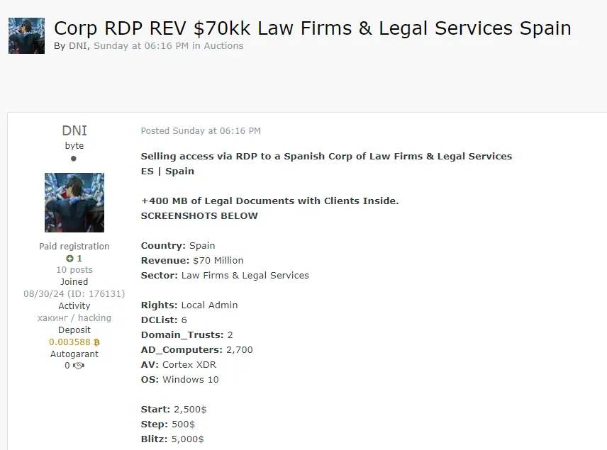 DNI is Allegedly Selling RDWeb Access of an Unidentified Law Firm in Spain