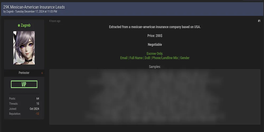 A Threat Actor Claims to be Selling Personal Data From a Mexican-American Insurance Company Based in USA