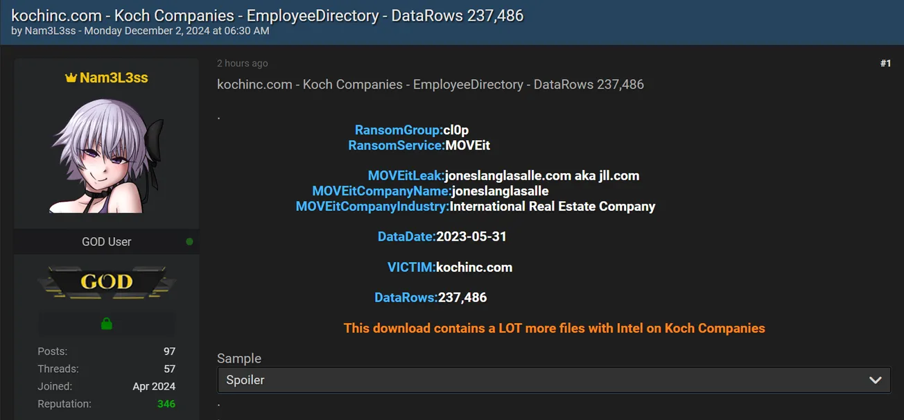 Nam3L3ss Allegedly Leaked Data of Koch