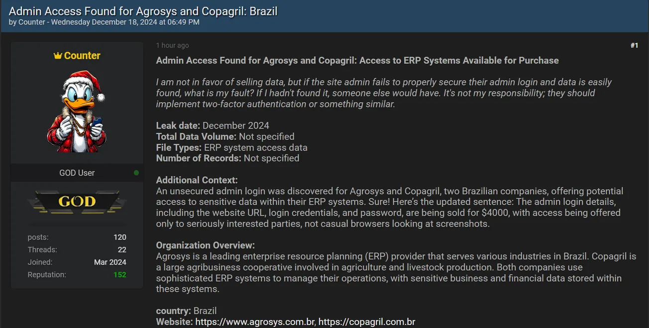 Counter is Claiming to Sell Admin Access of Agrosys and Copagril