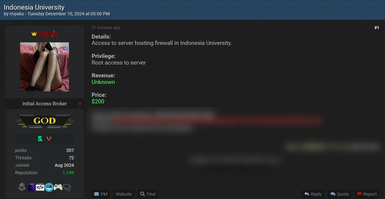 miyako is Allegedly Selling Access to an Unidentified Indonesian University