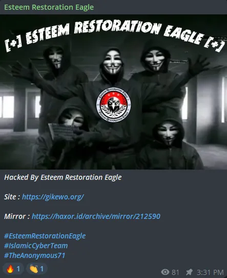 Esteem Restoration Eagle Defaced the Website of Gikewo