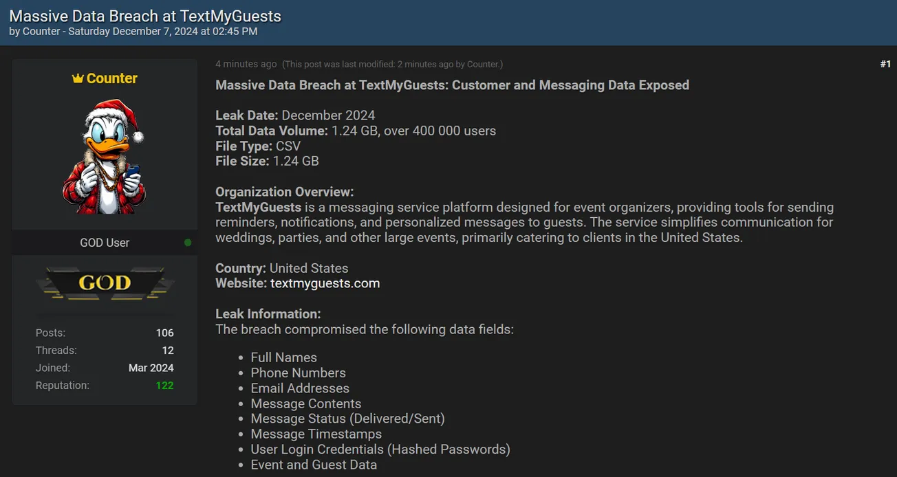 Counter Claims to have Leaked Data of TextMyGuests