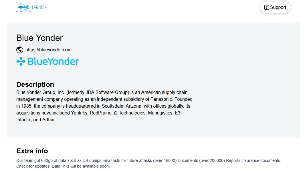 Blue Yonder Has Been Claimed a Victim to TERMITE Ransomware