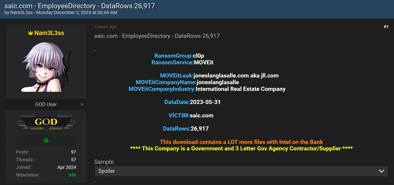 Nam3L3ss Claims to have Leaked the Data of SAIC