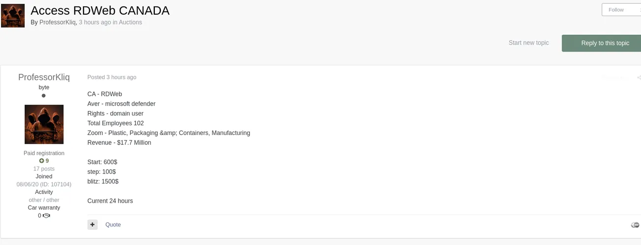 A Threat Actor Claims to be Selling RDWeb Access to an Unidentified Canadian Company