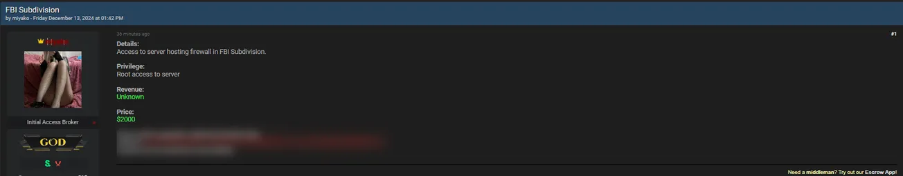 miyako is Allegedly Selling Firewall Access to a FBI Subdivison