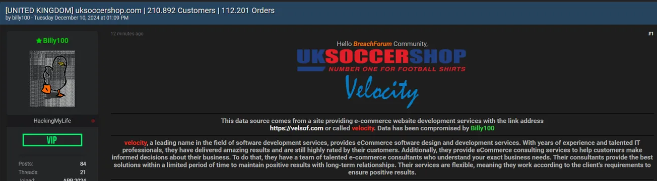 A Threat Actor is Allegedly Selling Data of UK Soccer Shop