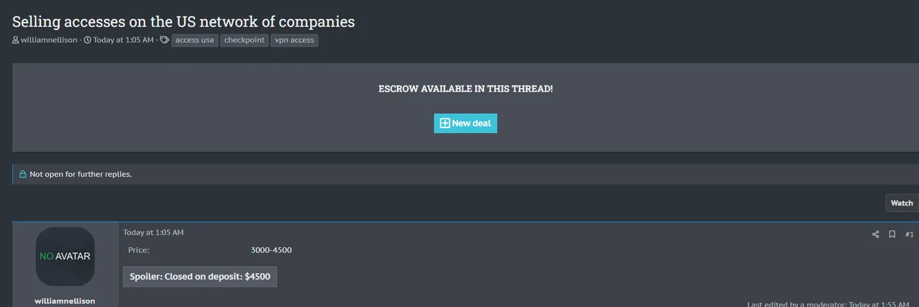 A Threat Actor is Allegedly Selling Access to an Unidentified U.S. Network of Companies