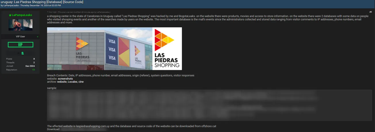 A Threat Actor Claims to have Leaked the Data of Las Piedras Shopping