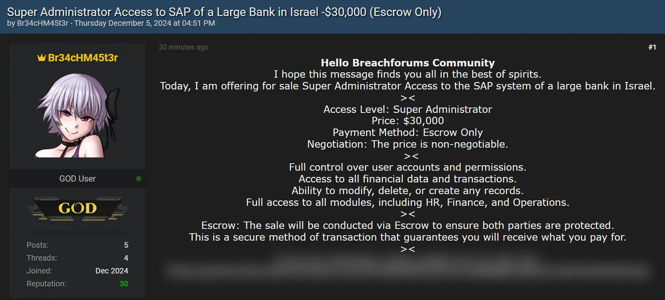 Br34cHM45t3r is Claiming to Sell ACcess to an Unidentified Bank in Israel