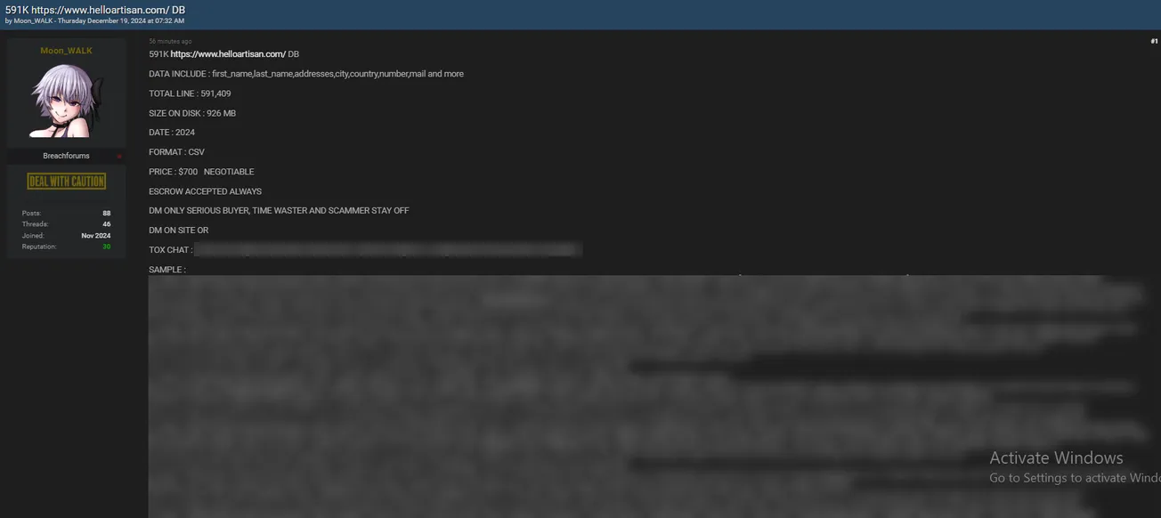 Moon_WALK Claims to be Selling the Data of helloArtisan