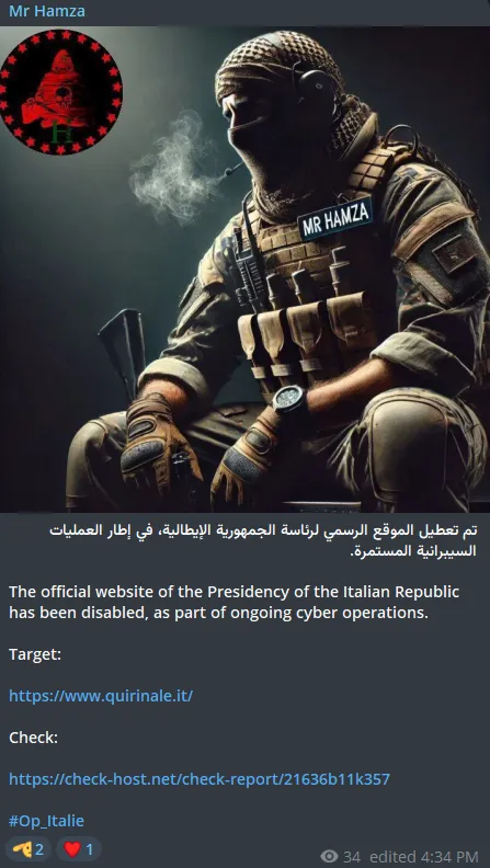 Mr Hamza Targeted the Website of Presidency of the Italian Republic