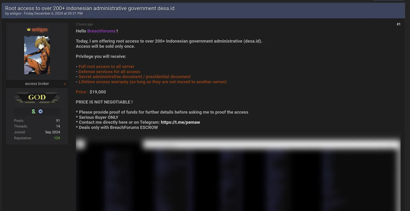 A Threat Actor Claims to be Selling 200+ Indonesian Government Administrative Users with Root Access to the Database Server