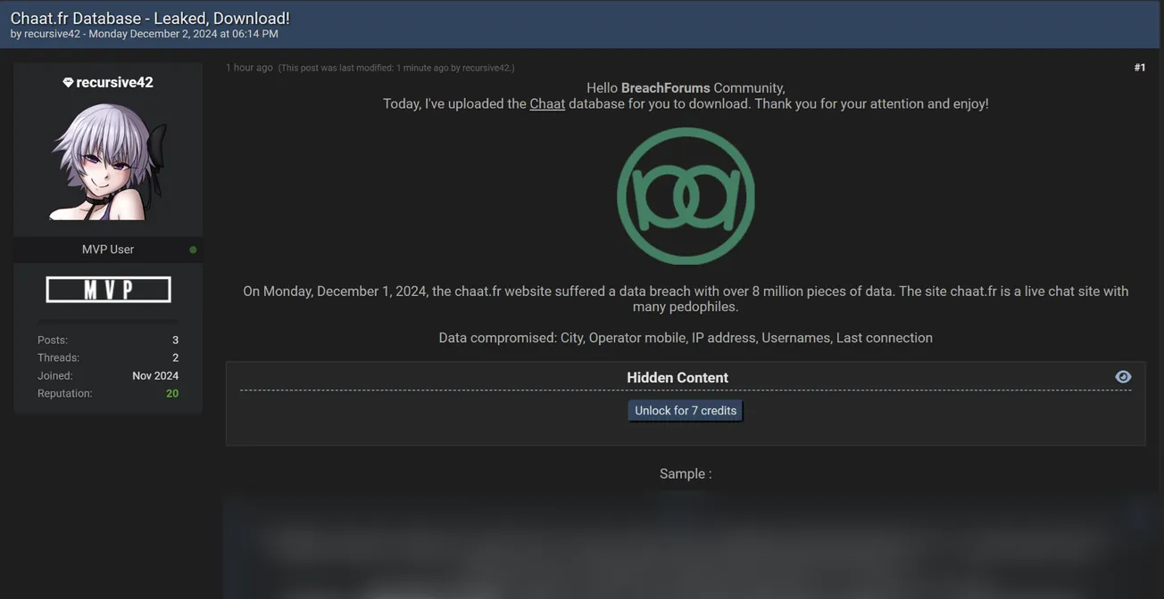 A Threat Actor Allegedly Leaked the Data of Chaat.fr
