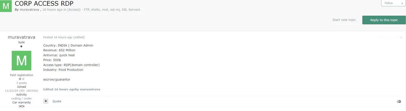 A Threat Actor Claims to be Selling RDP Access to an Unidentified Organization in India