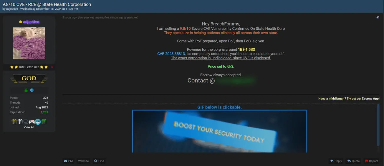 Adjective Claims to be Selling a High-Severity CVE Vulnerability (CVE-2023-35813) Affecting an Unidentified State Health Corporation With Annual Revenue of $1-$1.5 Billion USD
