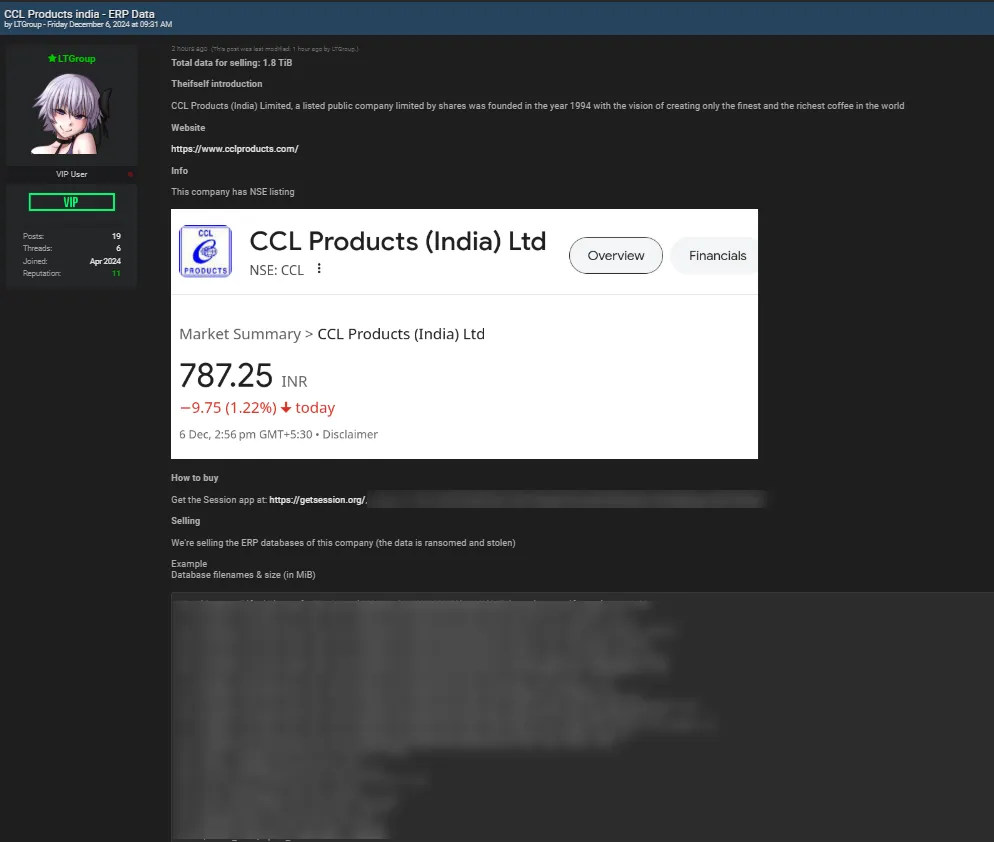 A Threat Actor Allegedly Leaked the Data of CCL PRODUCTS (INDIA) LIMITED