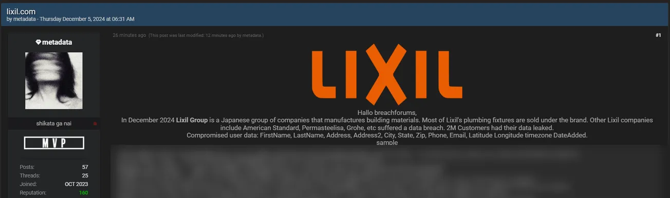 metadata Allegedly Leaked the Data of LIXIL