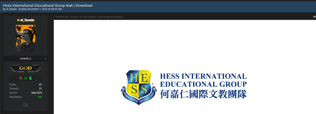 A Threat Actor Allegedly Has Leaked the Data of Hess International Educational Group