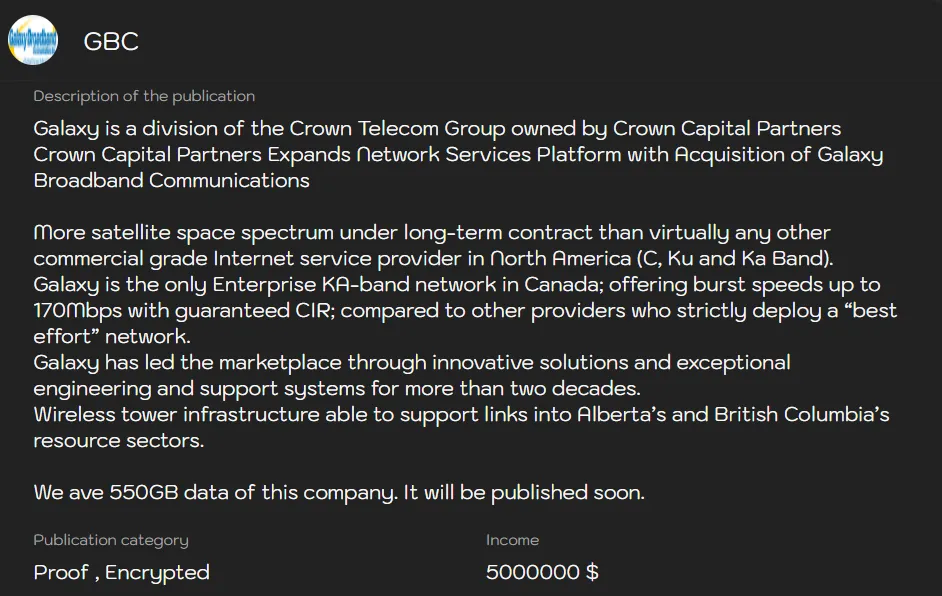 Galaxy Broadband Communications Inc Has Been Claimed a Victim to LYNX Ransomware