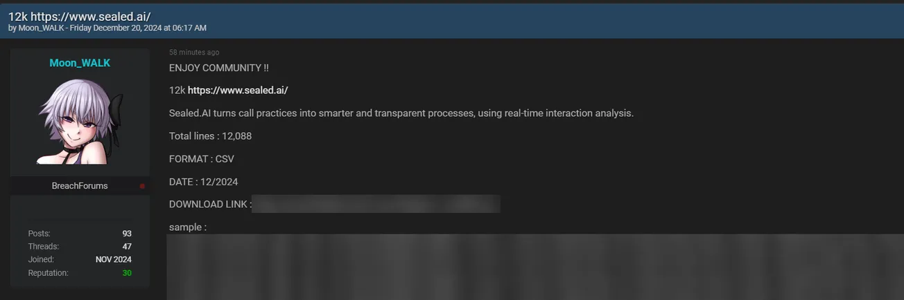 Moon_WALK Claims to have Leaked the Data of Sealed.AI