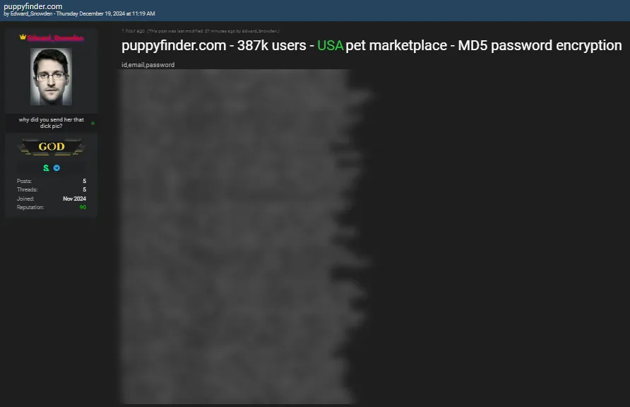 Edward_Snowden Claims to be Selling the Data of PuppyFinder[.]com