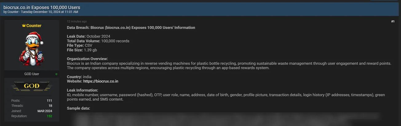 Counter Claims to have Leaked the Data of Biocrux
